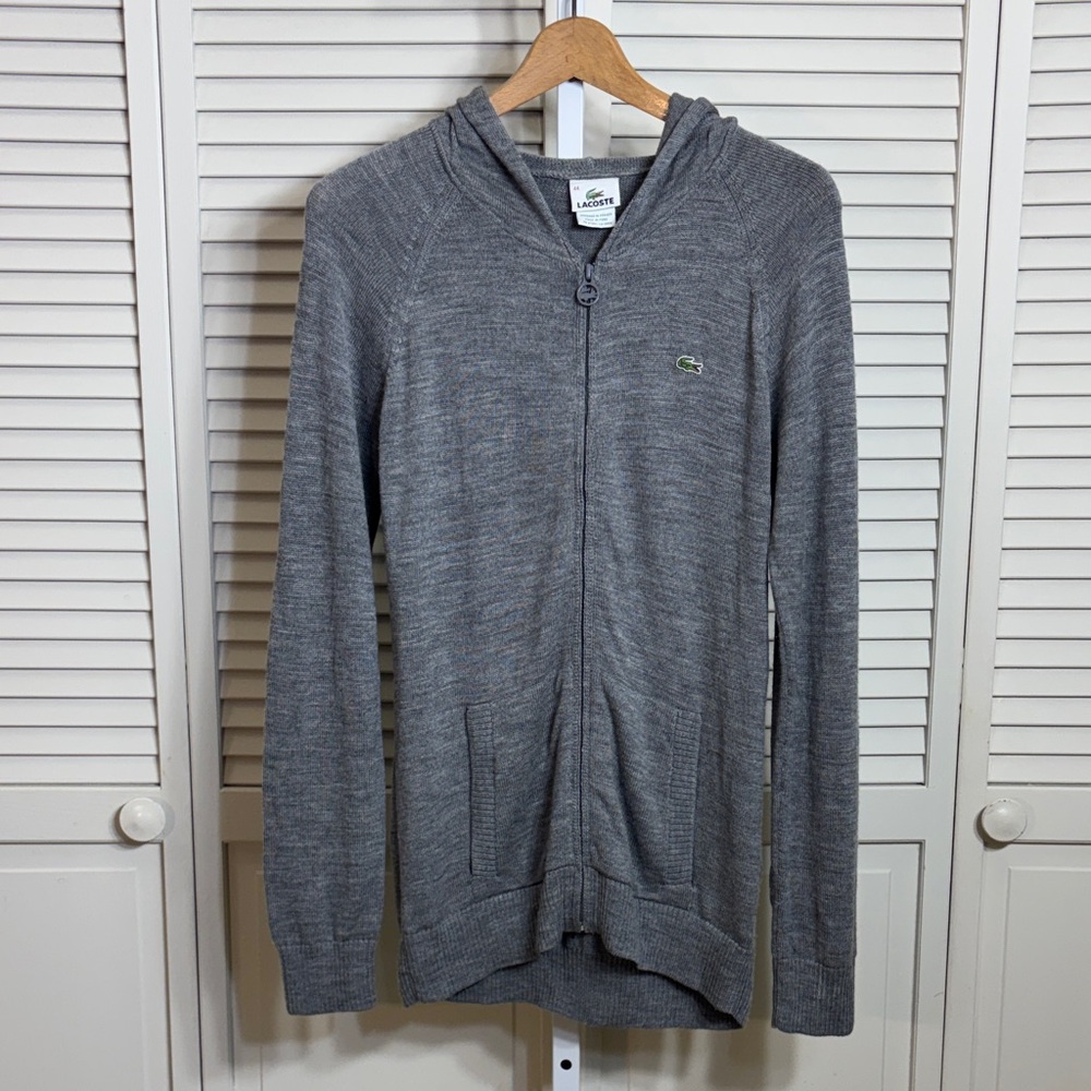 Lacoste Women's Gray Full-Zip Hooded 100% Wool Sweater Large